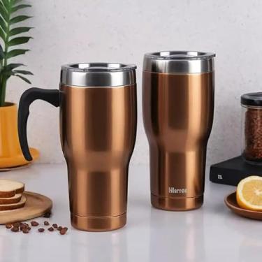 Imagem de Caneca Térmica Parede Dupla em Aço Inox Marrom 550ml com Tampa Hermética - Estilo Texturizado