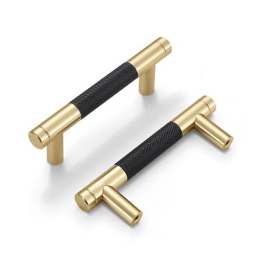 Imagem de Dazzleeta Pacote com 10 puxadores de armário de 7,6 cm dourados e pretos modernos puxadores de armário de latão redondo com ferragens de armário de cozinha com padrão serrilhado