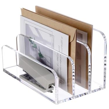 Imagem de SANRUI Organizador de arquivos de acrílico para mesa, 3 compartimentos em escada, transparente, organizador de cartas, organizador de documentos de escritório, porta-pastas de envelope multifuncionais