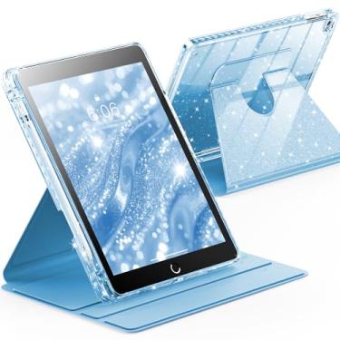 Imagem de INFILAND Capa giratória para iPad 6ª/5ª geração (2018/2017) iPad 9,7 polegadas, iPad Air 2/iPad Air 1, capa giratória 360 com glitter fofo com parte traseira transparente, suporte para lápis (azul)