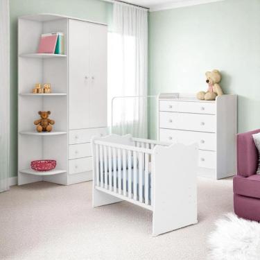 Imagem de Conjunto Infantil Aurora Branco-branco: Berço Aurora + Cômoda Aurora + Guarda-roupa Aurora