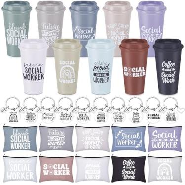 Imagem de Honeydak 30 peças de presentes de agradecimento de assistente social, inclui 10 xícaras de café de plástico de 473 ml com tampas, 10 chaveiros e 10 sacos de cosméticos para o mês de trabalho social