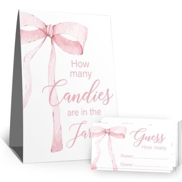 Imagem de Placa Guess How Many Candies (1 placa de pé - 50 cartões de adivinhação) Kit de cartões de atividades com tema de arco rosa para chás de bebê, festas de recém-nascidos, chá de panela, noivado, chá de