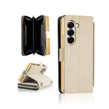 Imagem de Capa para Samsung Galaxy Z Fold 6 com suporte para caneta S – Capa carteira RFID com compartimentos para cartões e dinheiro, suporte, fecho magnético, vidro temperado e alça de pulso (bege, Samsung