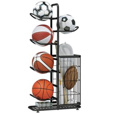Imagem de INGIORDAR Organizador de rack de basquete para armazenamento de bolas, equipamentos esportivos, suporte de garagem de 6 níveis para futebol, vôlei, futebol, ambientes internos e externos, preto