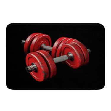 Imagem de Halteres 3D Tapetes de banheiro meninos equipamento fitness tapete de banho esportivo, sala de ginástica tapete de ferramentas de exercício barra tema esportivo tapete de banho 20 x 32 polegadas, vermelho preto antiderrapante tapete de chuveiro tapete macio