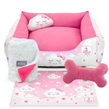 Imagem de Cama Pet Oxford + Coberdrom + Brinquedo Ossinho + Tapetinho Estampado 05 Peças - Mania – Premium 2 (60x60 cm, Nuvem Rosa)