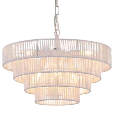 Imagem de ELYCCUPA 6 luzes 50,8 cm de vime tecido à mão luz pendente litoral 4 redondo de transição minimalista boho grande pendente luminoso, para cozinha, ilha, sala de jantar, sala de estar, corredor, branco