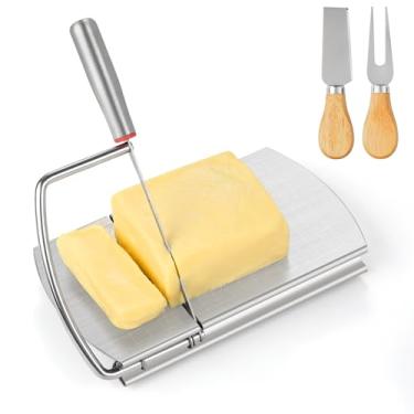 Imagem de DGLOZE Cortador de queijo com 2 peças de faca de queijo, tábua de corte de queijo de aço inoxidável com lâmina para bloco de queijo, conjunto de 2 facas com cabo de madeira