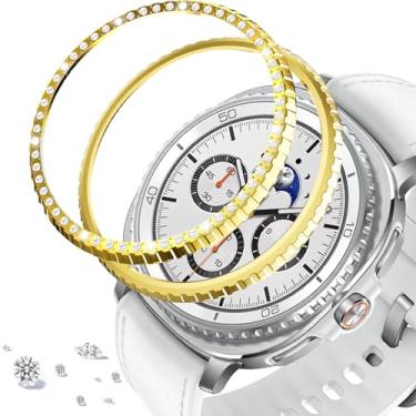 Imagem de DEALELE [Pacote com 2] Capa de bisel compatível com Samsung Galaxy Watch 8 Classic (46 mm), strass brilhante, liga de diamante, moldura metálica, anel adesivo, antiarranhões, acessório (dourado)