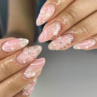 Imagem de RUOKEXIN Unhas postiças médias amêndoas ombré rosa com desenhos de borboletas 3D, unhas artificiais, cola brilhante nas unhas, prensa fofa para mulheres, 24 peças