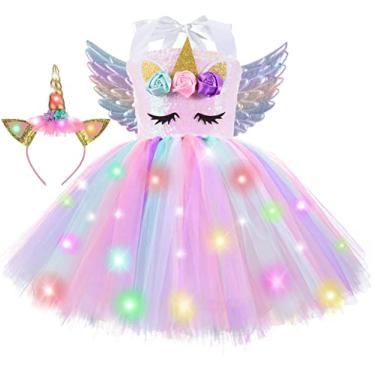 Imagem de ZeroStage Fantasias De Unicórnio Iluminadas Por Led Para Meninas, Decorações Aniversário, Halloween, Natal, Festa, Roupa, Vestido Princesa Com Lantejoulas, Tutu, Presentes Crianças 7 A 8 Anos, Cospl