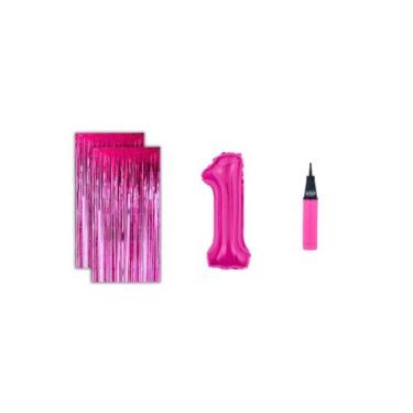 Imagem de Kit 2 Cortinas Metalizadas e Balão Número+Inflador Ar- Rosa - Partiufe