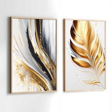 Imagem de Conjunto Quadros Decorativos com Moldura Folhas Gold Abstrato Kit 2 Qu