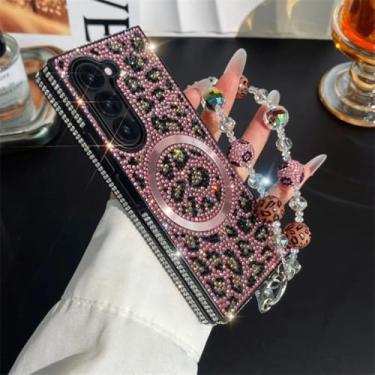 Imagem de Pulseira de couro com corrente de mão e strass brilhante e estampa de leopardo para Samsung Galaxy Z Fold 7 6 5 4 3 5G, rosa, Galaxy Z Fold6