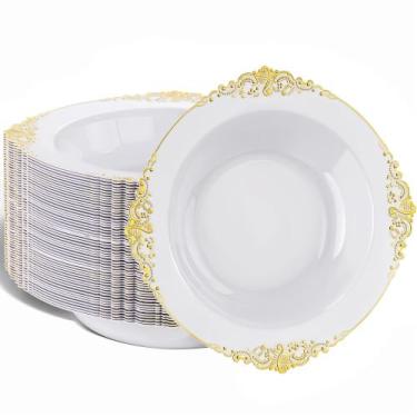 Imagem de Taças de plástico Nervure, pacote com 50, brancas com borda dourada, 3