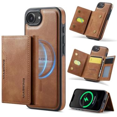 Imagem de DG.MING Capa de couro magnética removível 2 em 1 para iPhone 16e, carteira com bloqueio de RFID com 8 compartimentos para cartão, compatível com carregamento sem fio MagSafe, capa protetora para