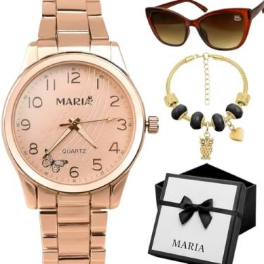 Imagem de relogio feminino aco banhado rose + oculos pulseira + caixa original garantia marrom