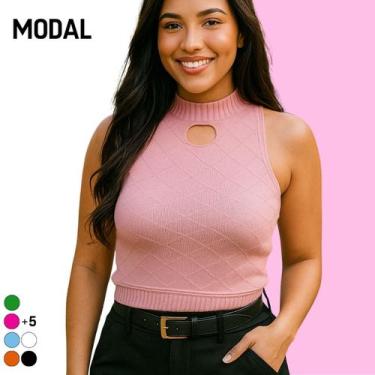 Imagem de Blusa Regata Cropped Feminino Tricot Modal Vazado Sem Manga - Vitrine 