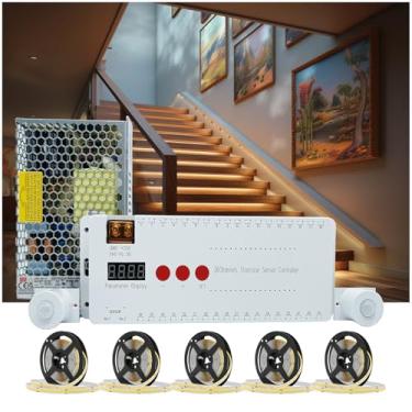Imagem de MANDSARY Kit de luzes LED acionadas por movimento para escadas internas, sensor de movimento cortável COB de 102 cm, kit de fita de LED com 9 modos, ideal para luzes internas (branco quente 3000K, 20
