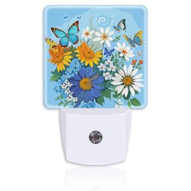 Imagem de Neidius Luz noturna com flores amarelas e azuis brancas, borboletas vibrantes, luz noturna com sensor automático do crepúsculo ao amanhecer, lâmpada LED eficiente para decoração de quarto, corredor