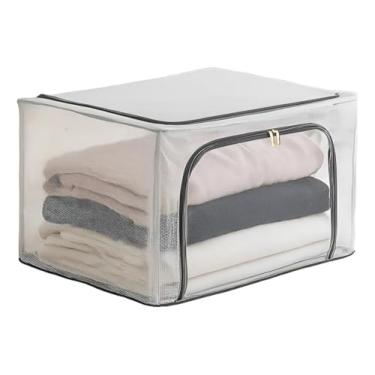 Imagem de Caixa Organizadora Multiuso Moderna Empilhável Tecido Telada Impermeável 3 Tamanhos Tampa Zíper Dobrável Closet (Grande)