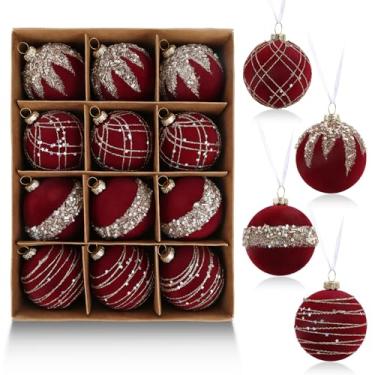 Imagem de IPOPU 12 bolas de Natal com glitter de veludo, 6 cm, enfeites de Natal vermelhos, enfeites de árvore de Natal, conjunto de bolas de Natal para decoração de centro de mesa de festa de casamento