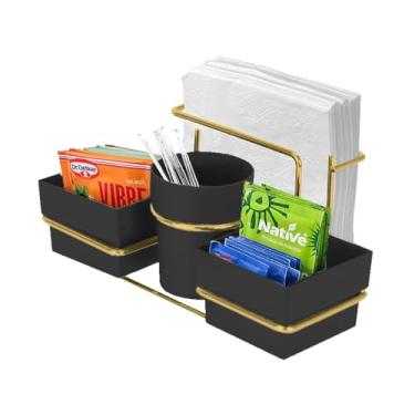 Imagem de Suporte Porta Sachês Guardanapos Mexedor Açucar Chá Preto Dourado