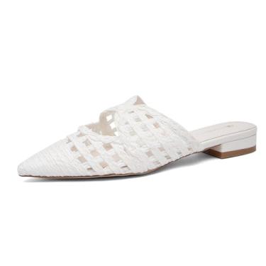 Imagem de NEWBELLA Mules femininas de salto baixo, bico fino, sem cadarço, sandálias casuais confortáveis para o trabalho e uso diário, Tecido branco, 41