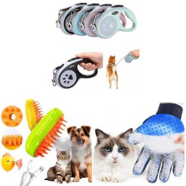 Imagem de Kit Coleira Guia + Escova Vapor + Luva Tira Pelos Pets Cães - AEB Vari