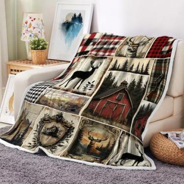 Imagem de Uokiuki Cobertores rústicos de cabana, cobertor de sofá aconchegante de veado animal de fazenda quente, manta de flanela de lã branca xadrez para decorar o quarto e o quarto