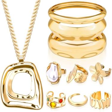 Imagem de Misdary Conjunto de 10 peças de anéis de colar grosso de ouro para mulheres, conjunto de joias banhadas a ouro com pulseiras grossas, colar com pingente e anéis de flores empilháveis para presentes de