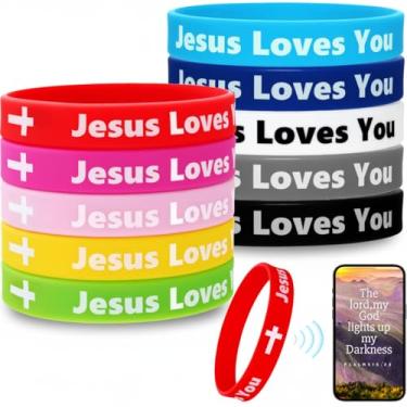 Imagem de Jerify Pacote com 10 pulseiras de silicone com NFC, pulseiras de silicone Jesus Loves You, pulseiras de bíblias cristãs, presentes religiosos inspiradores de oração para homens, mulheres e