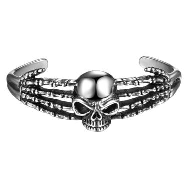 Imagem de OIDEA Pulseira de caveira gótica para homens: pulseira de mão esqueleto de aço inoxidável tom prateado joias punk rock presentes para mulheres e homens