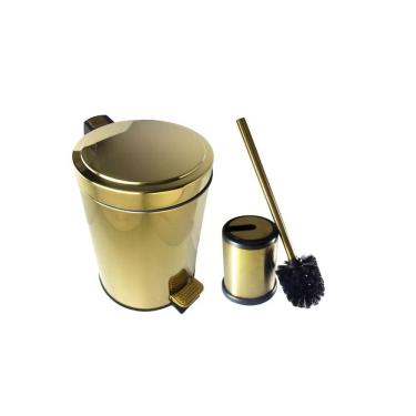 Imagem de Kit Lavabo Inox Dourado Lixeira 5L E Escova Easy Fineza