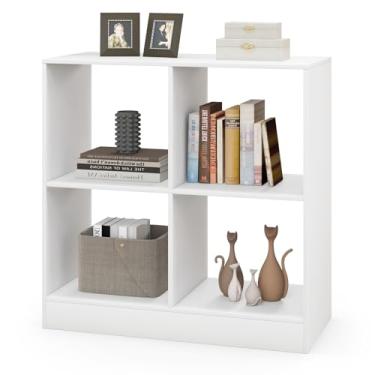 Imagem de Nightcore Estante de armazenamento de 4 cubos, organizador de madeira independente de 2 camadas com dispositivo antiqueda, armário de armazenamento moderno, prateleira aberta no chão para sala de