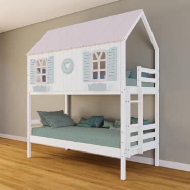 Imagem de Beliche Casinha Bela com Coração - Madeira Maciça Branco/Rosa/Verde  H