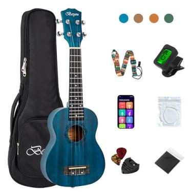 Imagem de Besyou Ukulele de concerto para iniciantes em mogno ukelele kit com sintonizador Gig Bag alça de corda de nylon carbono palhetas pano escolha de presente (azul, 21)