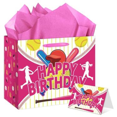 Imagem de HSKMAKE Bolsa de presente de aniversário de softbol rosa com cartão de papel de seda para lembrancinhas de festa, sacolas de brindes para meninas e crianças, decorações de tema de softball