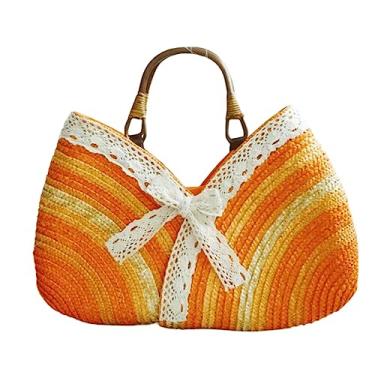 Imagem de Bolsa de praia tecida de palha de cor da moda sacola feminina de palha sacola feminina de alça completa sacola comprar produtos bolsa senhoras meninas (chapéu duplo laranja)
