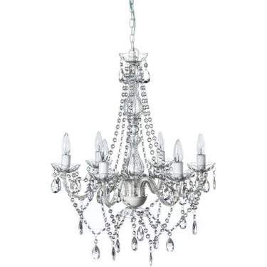 Imagem de Lustre de cristal acrílico, suporte de teto de luz transparente, estrutura de metal branco com haste de vidro transparente e luminária de lustre de cristais acrílicos transparentes