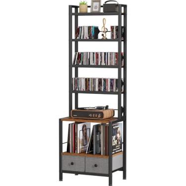 Imagem de Rack de armazenamento de DVD para discos de vinil, torre de CD de 6 camadas com gavetas para CDs, DVDs, álbuns, livros e jogos, suporte de disco de vinil e organizador de prateleira de DVD para sala