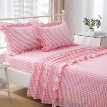 Imagem de K MASANIJI Jogo de lençóis de guingão rosa coral com babados tamanho GG, conjunto de 4 peças, 300 fios 100% fios tingidos de linho com sensação de algodão, 45,7 cm com bolso profundo para crianças