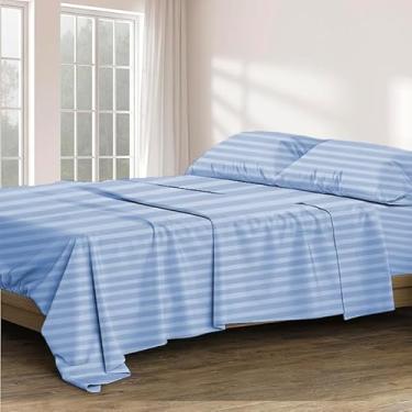 Imagem de Conjunto de lençóis de cama 4 peças King Size 100% algodão egípcio 800 fios 38,1 cm com bolso profundo de qualidade de hotel premium macio e macio de luxo macio - listra azul claro