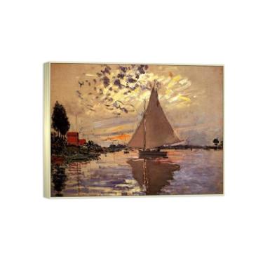 Imagem de Impressão em tela famosa pintura - imagem de arte de parede de paisagem - veleiro ao pôr do sol - pôster moldura prata para decoração de casa 70 x 90 cm 27 x 35 pol