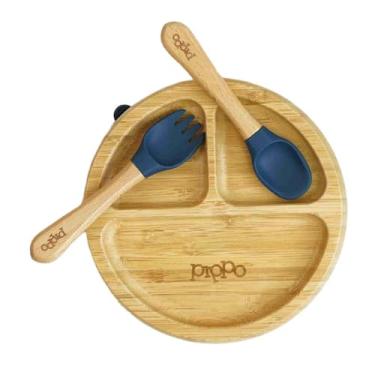 Imagem de Kit Prato de Bambu + Talheres - PIPPO, Azul Escuro