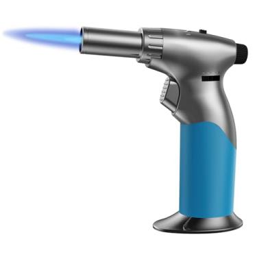 Imagem de Lamsen Isqueiro de chama dupla de butano, mini maçarico recarregável com chama ajustável e trava de chama contínua para cozinhar, assar, creme brulee, solda, azul (gás não incluído)