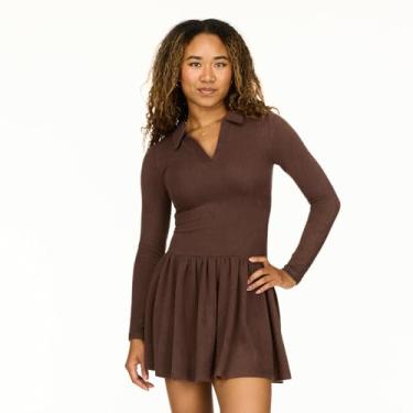 Imagem de Forever 21 Vestido feminino Hacci Rib manga longa cintura caída com gola polo, Marrom, G
