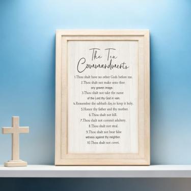 Imagem de Emoldurado Os Dez Mandamentos Arte de Parede Decoração Bíblia 10 Mandamentos Placa de Madeira Decoração para Casa Moderna Sala de Estar Quarto Escritório 58 cm x 40 cm