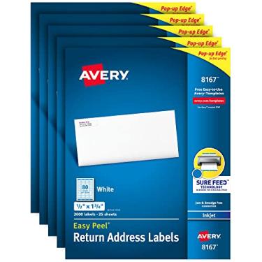 Imagem de Avery Etiquetas de endereço com Sure Feed para impressoras a jato de tinta, 1,3 cm x 4,4 cm, 10.000 etiquetas, adesivo permanente (pacote com 5 8167), branco